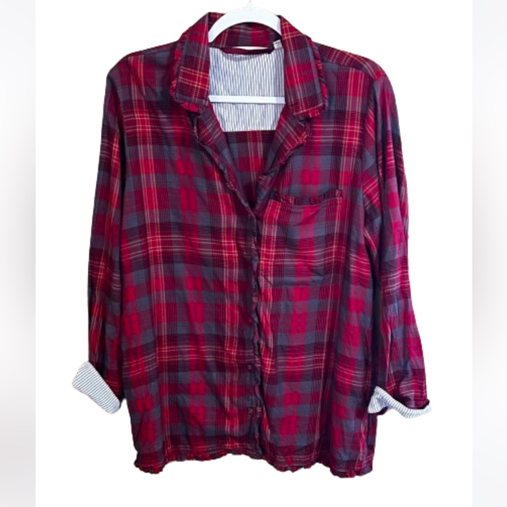 Soft Surroundings Size L Red Plaid Button Down Shirt Western Cotton Cabincore